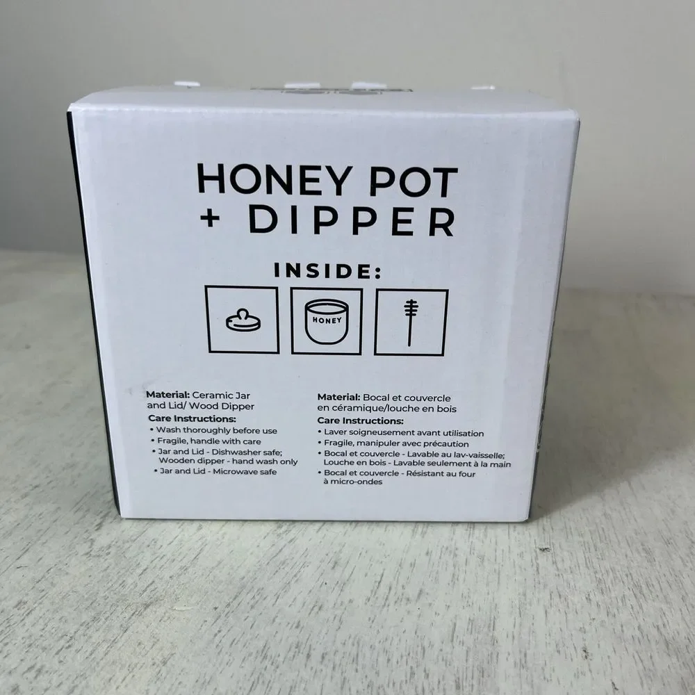 Honey Pot & Dipper White Ceramic Jar‎ Wood Dipper Bushwick Kitchen Honey Storage
